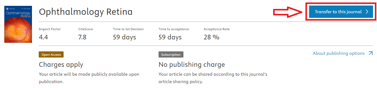 Screen shot of a journal detailed page in Transfer Your Manuscript, showing where to click to transfer the manuscript.